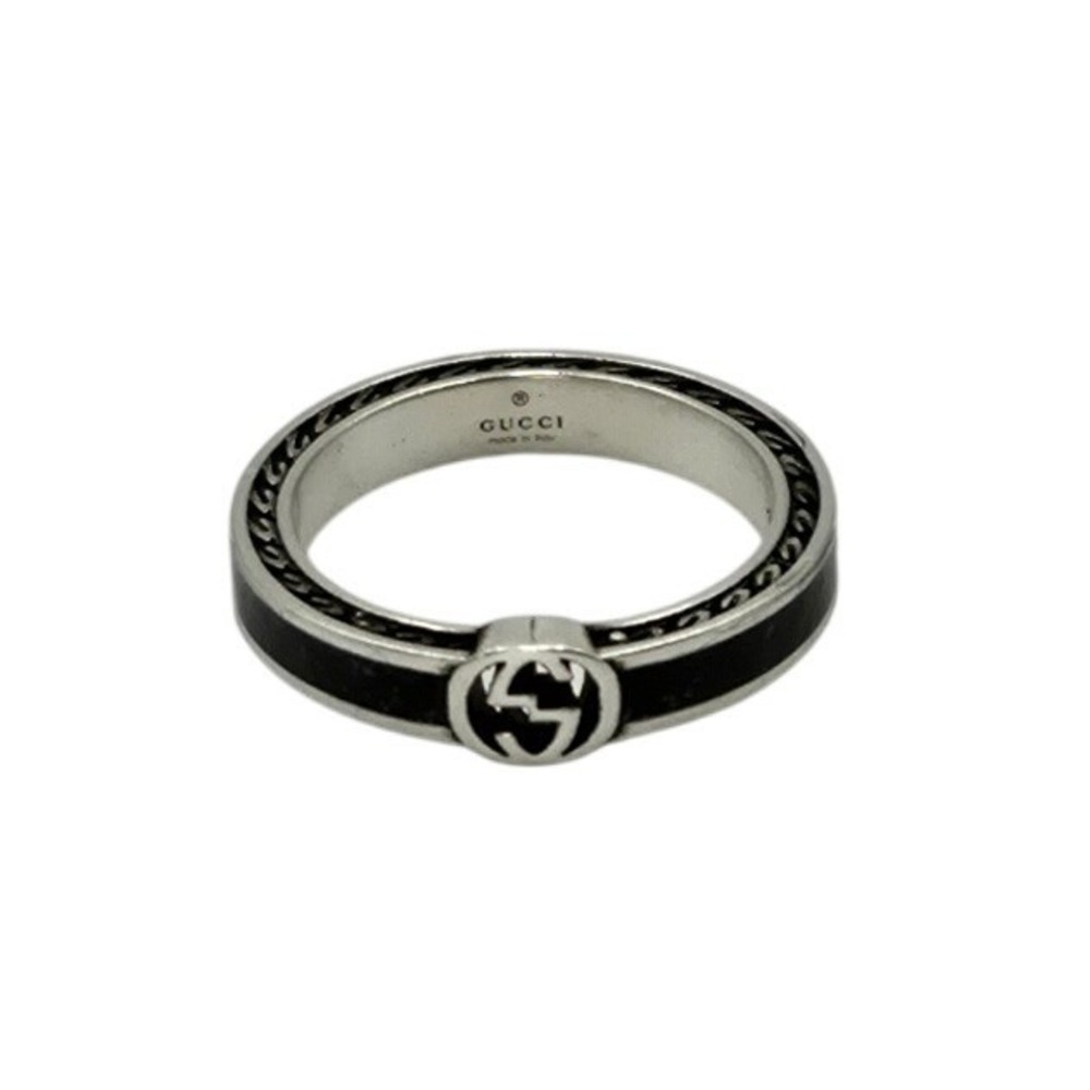 Gucci Interlocking G Black Enamel Sterling Silver Band Ring KGG0886 Size  6